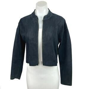 Sandro Black Leather Suede Cut-Out Back Zip Up Long Sleeve Bomber Jacket Size S